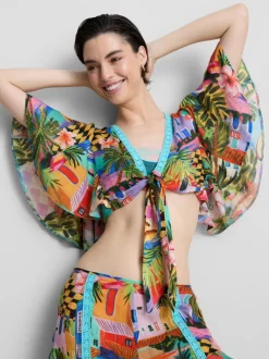 Camisa corta con estampado tropical y lazo