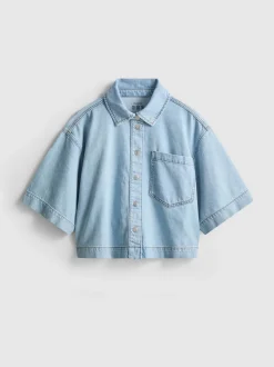 Camisa corta vaquera de corte cuadrado en algodón