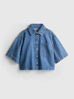 Camisa corta vaquera de corte cuadrado en algodón