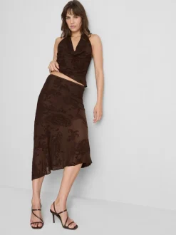 Falda midi de malla asimétrica con estampado