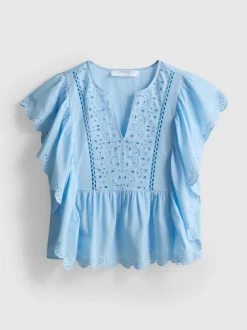 Top de algodón bordado con mangas festoneadas