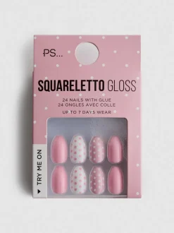 Uñas postizas brillantes con lunares de PS…