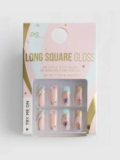 Uñas postizas brillantes cuadradas largas de PS…