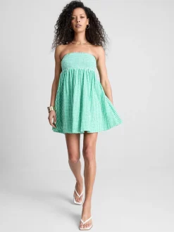 Vestido corto bandeau de algodón a cuadros vichy