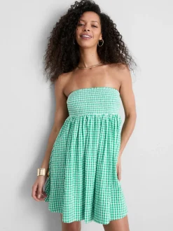 Vestido corto bandeau de algodón a cuadros vichy