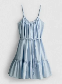 Vestido corto de popelina con tirantes y volante